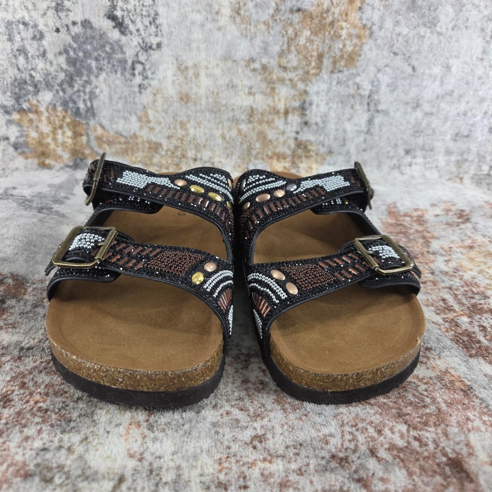 Torrid Beaded Double Buckle Cork Slide Sandals Womens 7.5WW Black Boho Festival - Picture 2 of 13